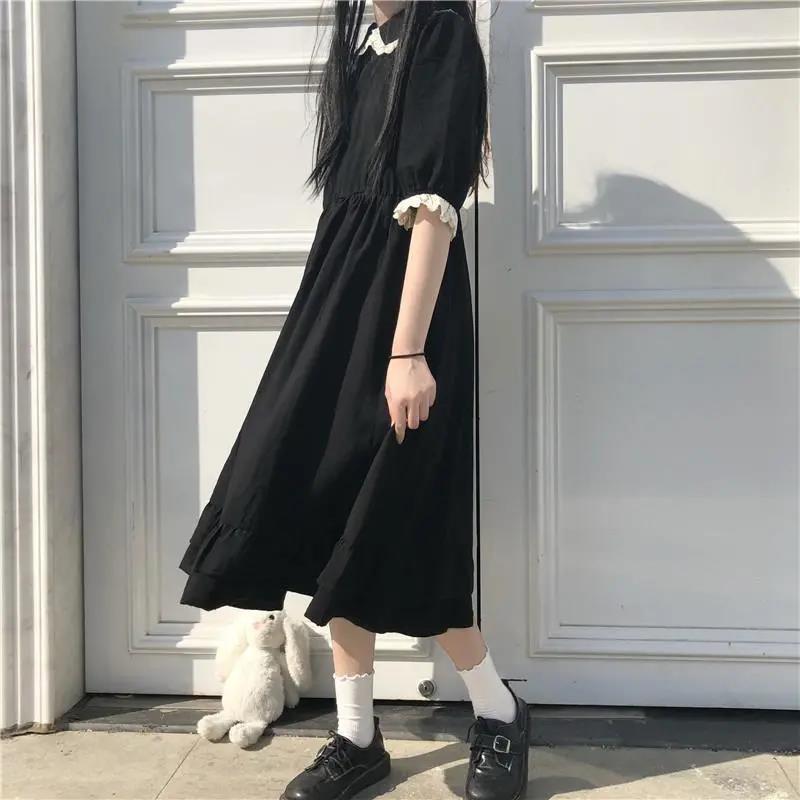 Sailor Collar Navy Dress Lolita Sweet Bow-knot Girl Retro Style Student Girls Lace Cuff Mid-calf Solid color Dress