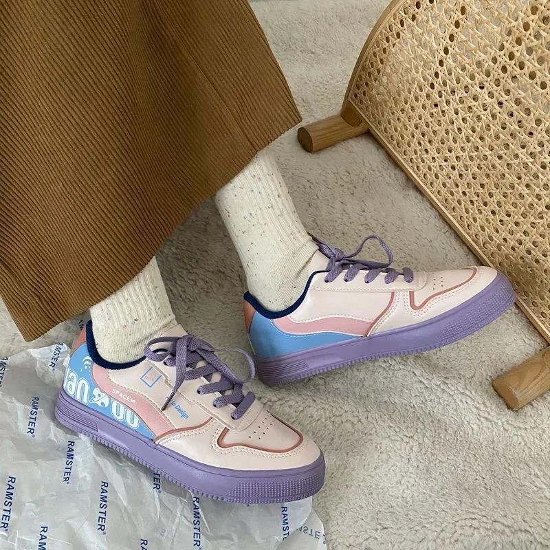 Color-blocking Canvas Shoes Women's Flat-heel Lace-up Student Low-top Purple Fashion Women's Shoes White Shoes