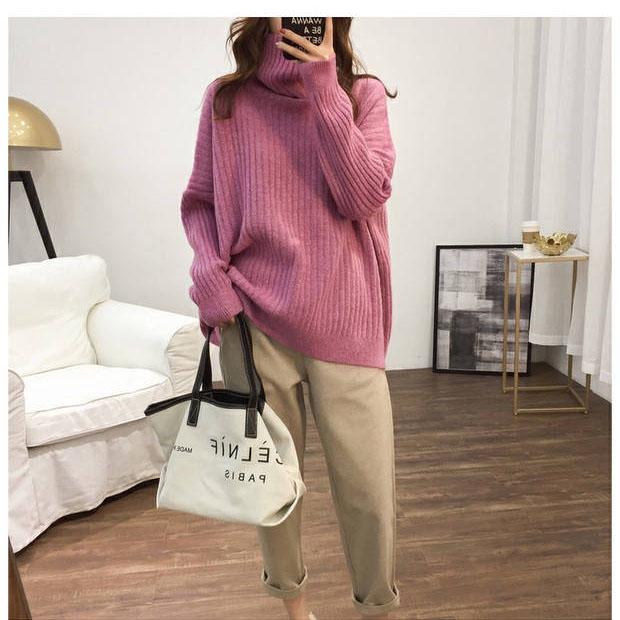 Loose Turtleneck Long-sleeved Sweater Women's Autumn and Winter Knitted Solid Color Sweater
