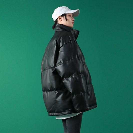 Women Winter Both Sides Wear PU Cotton Coats Large Size Stand Collar Loose Thickened Coats Solid Color Cotton Padded Jacket