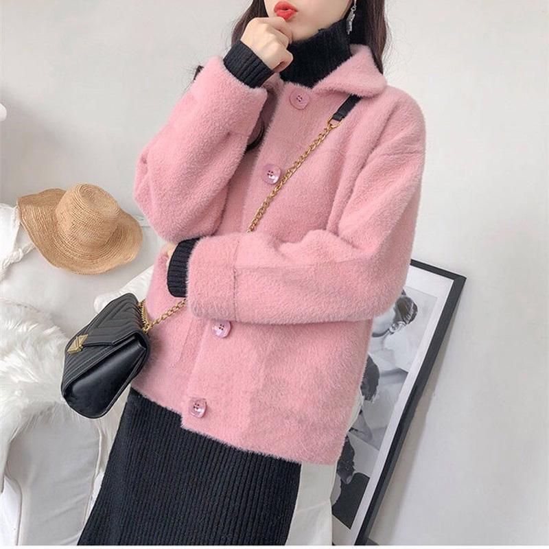 Woolen Fashion Jacket Fall/Winter Lapel Short Sweater Thicken Long Sleeve Knit Cardigan