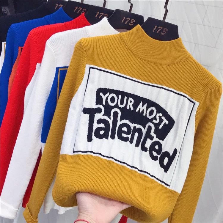 Pofulove Colorblock Lettering Turtleneck Sweater Hong Kong Style Retro Bottoming Slim Fit