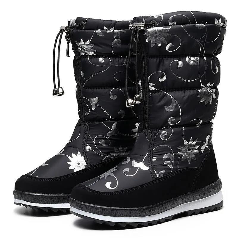 Outdoor Ski Boots Winter Plus Velvet Thick Printing Mid-tube Snow Boots Waterproof Non-slip Women's High-top Boots
