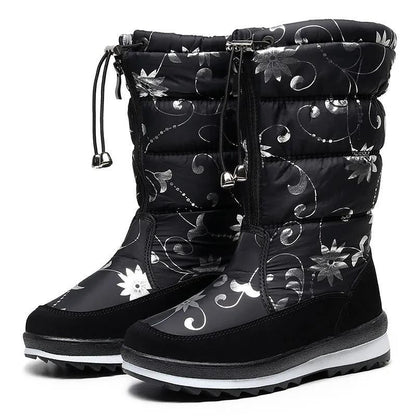 Outdoor Ski Boots Winter Plus Velvet Thick Printing Mid-tube Snow Boots Waterproof Non-slip Women's High-top Boots
