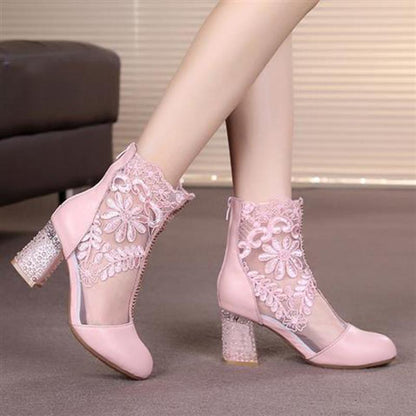 Spring  Summer Women's Boots  Leather High-heeled Mesh Short Boots Thick with All-match Pointed Toe Single Boots  Lace Hollow Pink Mesh Boots