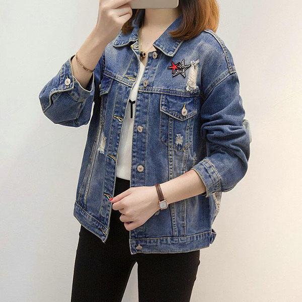 Female Long Sleeve Loose Button Sequins Lapel Casual Denim Jacket Women's Autumn Large Size Ripped Denim Coat