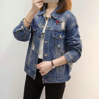 Female Long Sleeve Loose Button Sequins Lapel Casual Denim Jacket Women's Autumn Large Size Ripped Denim Coat