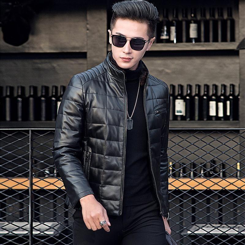 Men's Leather Down Jacket Sheepskin Mink Stand-collar Jacket Autumn and Winter Leather Leather Fur Jacket