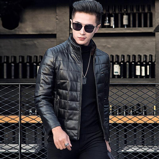 Men's Leather Down Jacket Sheepskin Mink Stand-collar Jacket Autumn and Winter Leather Leather Fur Jacket