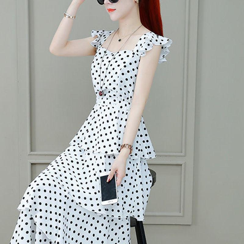 Women's Summer Dress Chiffon Polka Dot Square Collar Sleeveless Long Dress