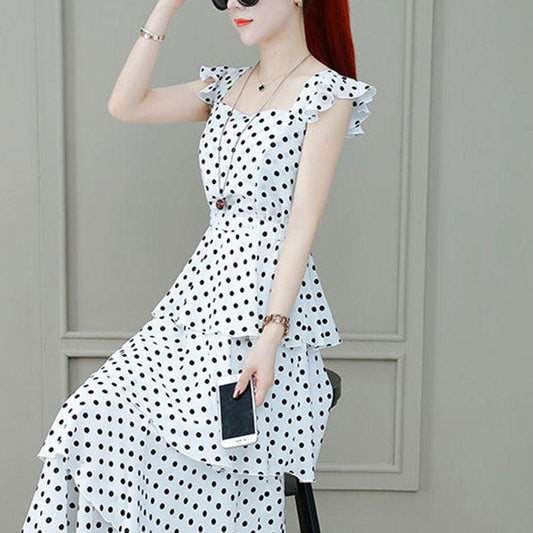 Women's Summer Dress Chiffon Polka Dot Square Collar Sleeveless Long Dress