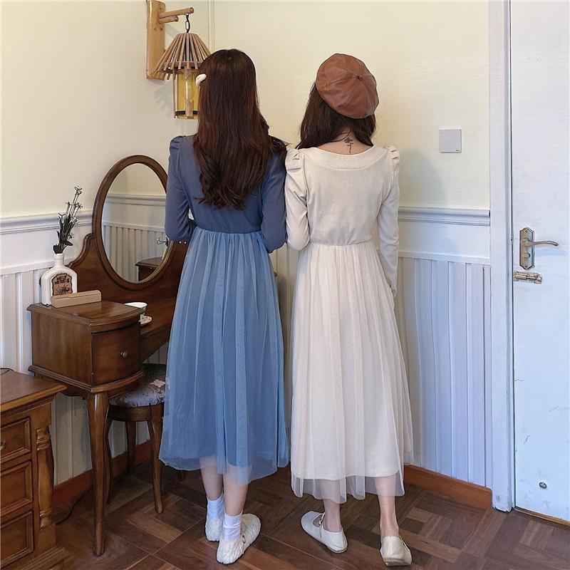 French Dress Korean Style Mid-length Long-sleeved Square Neckline Mesh  Receiving Waist Slim Skirt