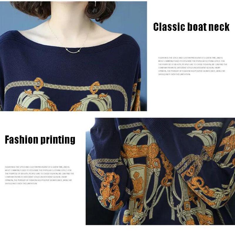 Women's Boat Neck Cashmere Sweater Short Loose Pullover Plus Size Printed Cardigan Ethnic Style Wool Knit Jumper