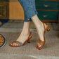 Sandals for Women Summer Mid-heel Square Toe Soft Leather All-match Stiletto Heel French High-heeled Sandal Temperament  Elegant Plaid Sandals