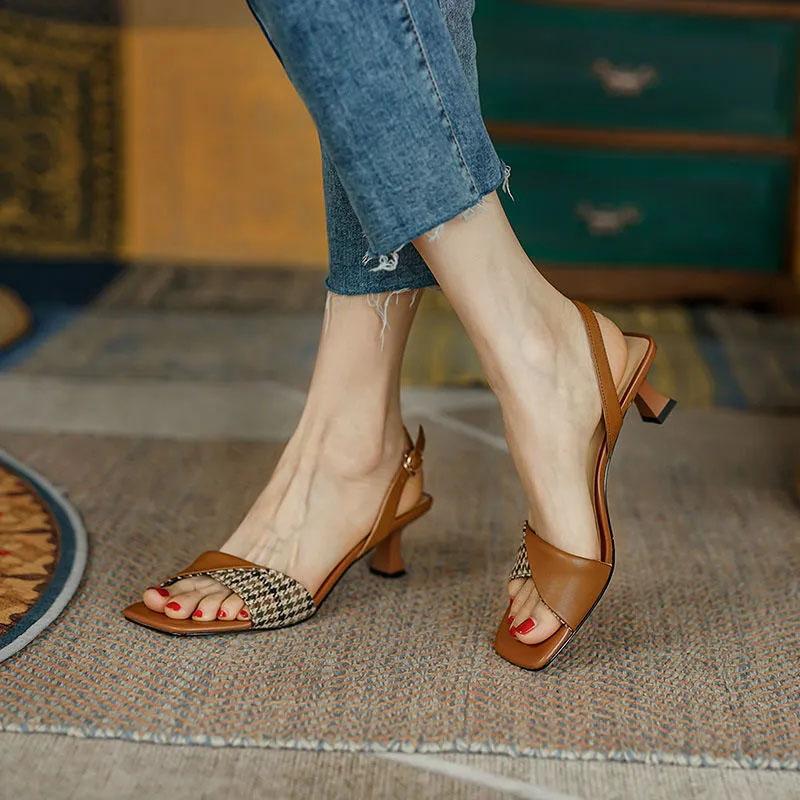 Sandals for Women Summer Mid-heel Square Toe Soft Leather All-match Stiletto Heel French High-heeled Sandal Temperament  Elegant Plaid Sandals