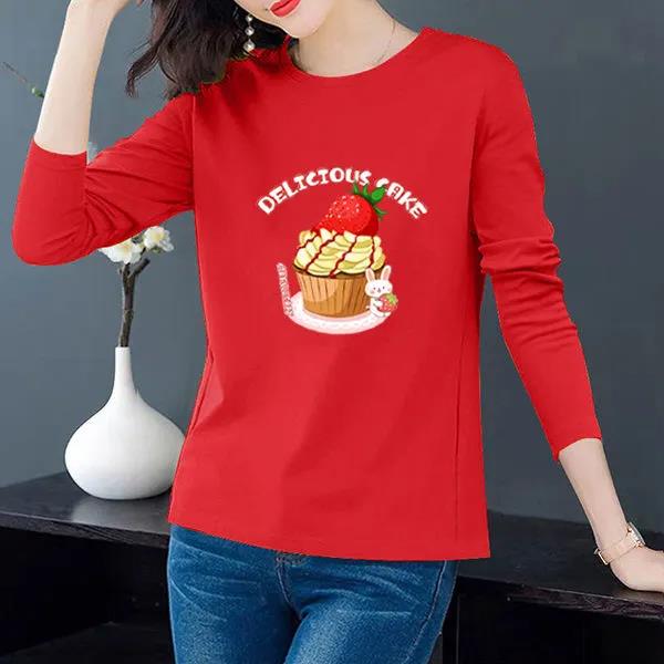 Spring Women Long-sleeved T-shirt Birthday Cake Print Pullover Boutique Bottoming Shirt Casual Loose Shirt