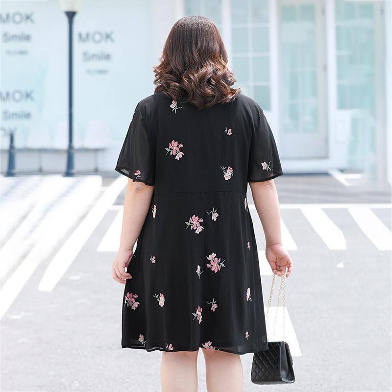 Large Size XL-XXXXXL Women's Summer Dress Chiffon Veil Short Sleeve V-Neck Floral Lightweight and Breathable