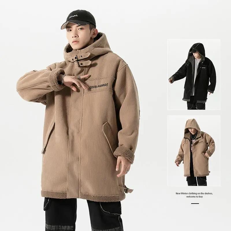 Men's and Women's Winter Thickening and Velvet Mid-length Corduroy Jacket with Hood and Large Size Lamb Velvet Jacket