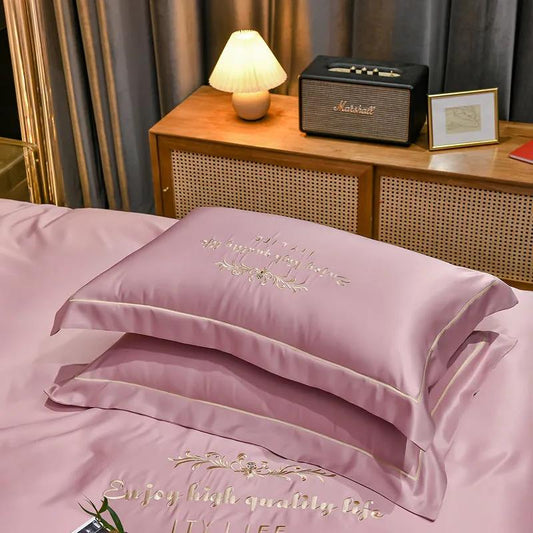 Silk Pillowcase Pair Set Simple Embroidered Double Sided Pillowcase Washable Silk Double Pillowcase