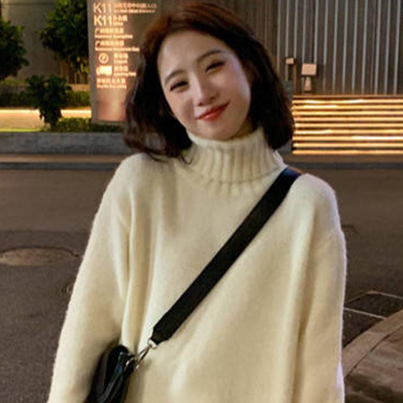Pofulove Winter Retro Warm Turtleneck Sweater Schoolgirl Loose Pullover Solid Color Sweater