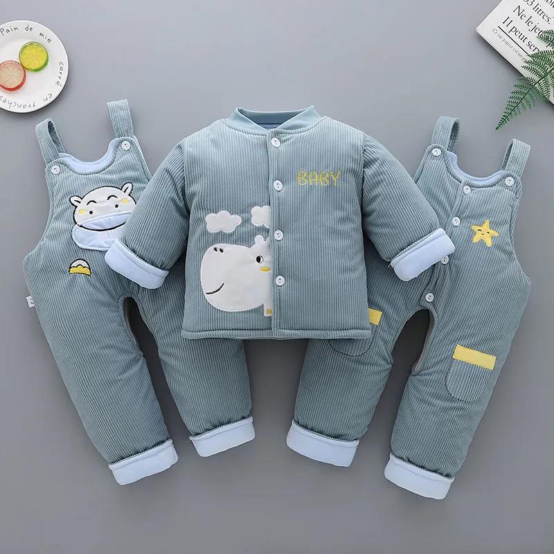 Baby Winter Coat Suit Plus Velvet Thickening Newborn Baby Clothes Corduroy Hooded Autumn and Winter Three-piece Cotton Jacket