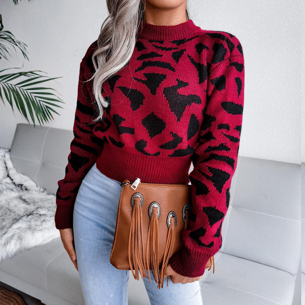 Sweater Women's Leopard Print Short Pullover Knitwear Cropped Top Trending Sweater Autumn and Winter European and American Style