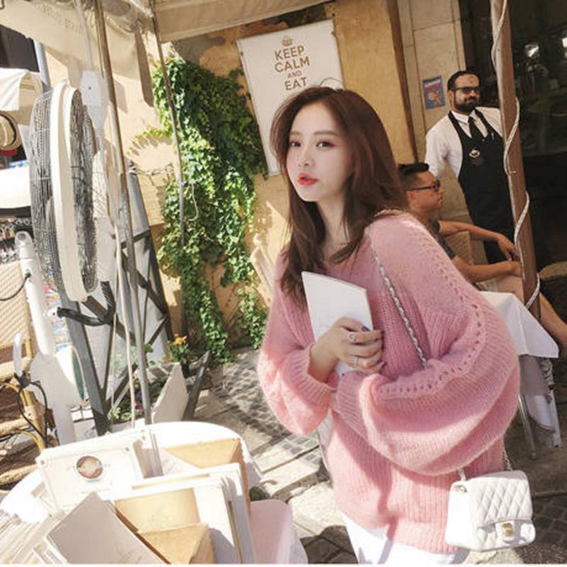 Pofulove fashion winter loose Korean mohair round neck hooded student sweater sweater women