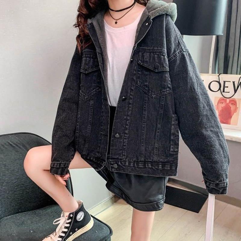 Loose Plus Fleece Denim Jacket Women Autumn and Winter Thick Hooded All-match Casual Cardigan