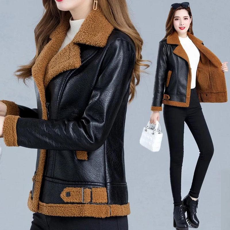 Winter Women's Leather Fashion Fur Coat Lamb Fur Coat Plus Velvet Thick Short Large Size Leather Coat