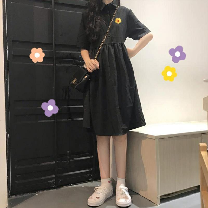Summer Black Embroidered Solid Color Cute Sweet Girl College Style Age Reduction Looser  Short Sleeve Dress