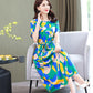 Summer Cotton Silk Dress Floral Cotton Long Skirt Women's Short-sleeved Large Size Rayon Cotton Silk Skirt Fabric Sweat-absorbing and Breathable