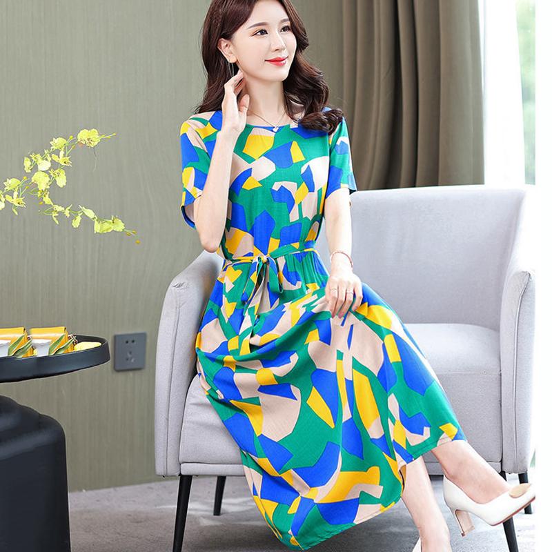 Summer Cotton Silk Dress Floral Cotton Long Skirt Women's Short-sleeved Large Size Rayon Cotton Silk Skirt Fabric Sweat-absorbing and Breathable