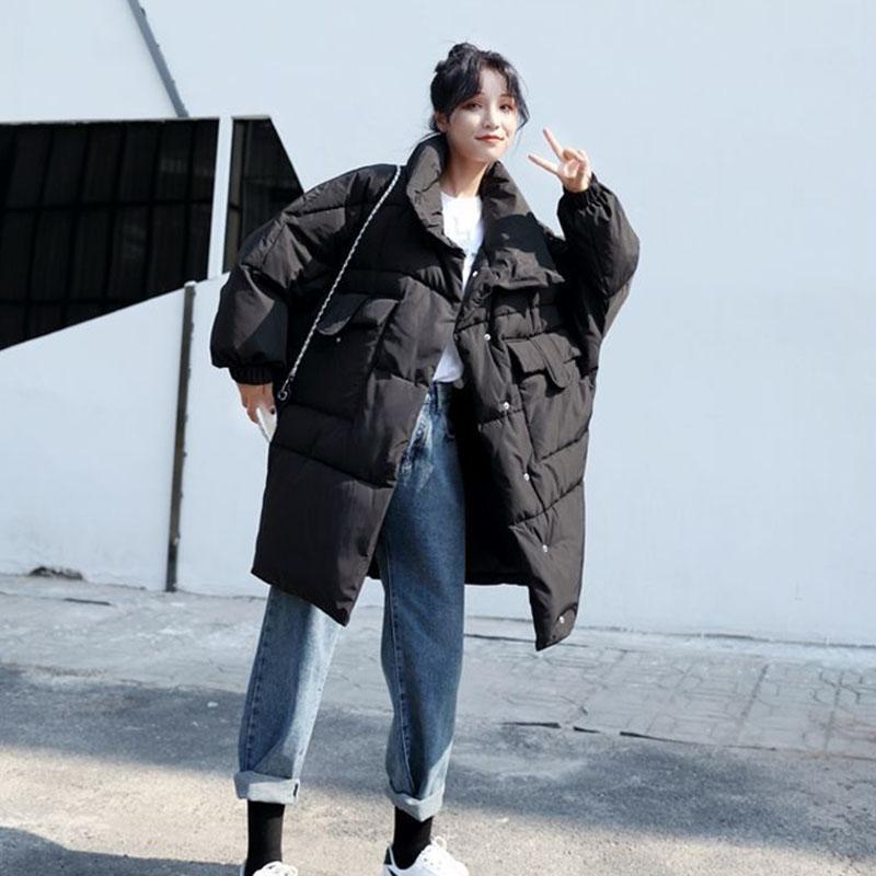 Winter Mid-length Loose Cotton Coat Ins Style Solid Color Casual Jacket Stand Collar Thickened Female Coat