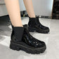 Women Chelsea Boots Elastic Top Ankle Boots Ladies Slip-on Leather Martin Boots Plush Velvet Round Toe Platform Short Winter Boots  Plus Size 35-43