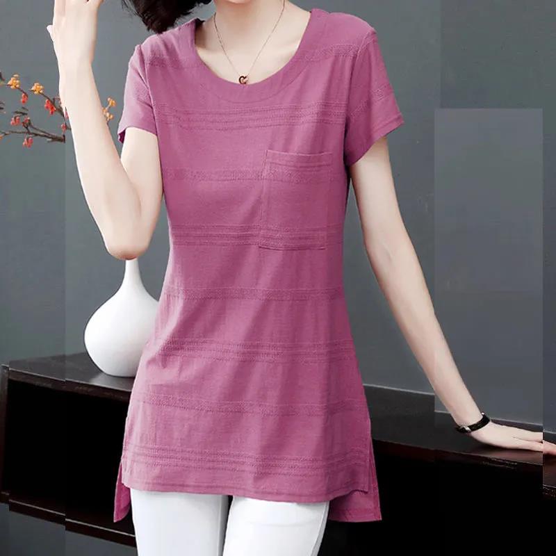 Women's Summer Cotton Short Sleeve Mid Length Round Neck Large Size Solid Color Loose T-Shirt