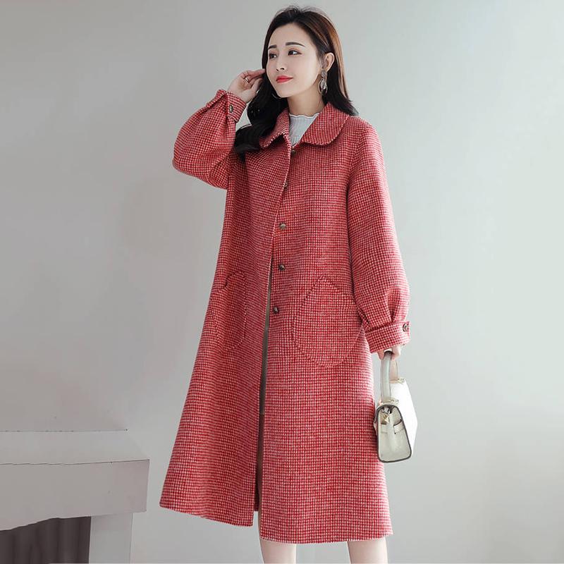 Winter Autumn Coat Women Wool Jacket Long Plaid Coats Blend Woolen Warm Outerwear Christmas Clothing