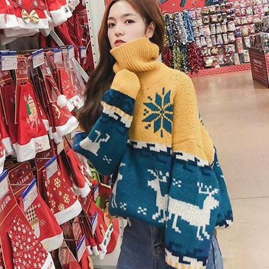 Autumn and Winter Santa Claus Head Sweater Loose Wild Snowflake Sweater Round Neck Long Sleeve Female Student Top Casual Fashion Coat