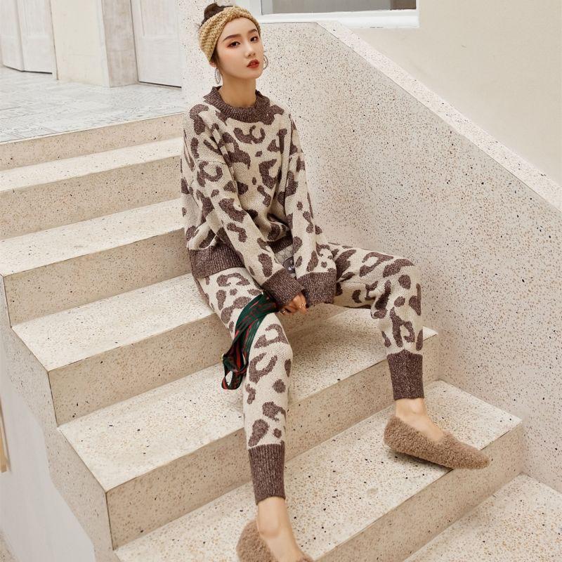 2pcs/set Women Knit Leopard Pullover Sweaters+Pants Sets Woman Fashion Jumpers Trousers 2 PCS Costumes Outfit