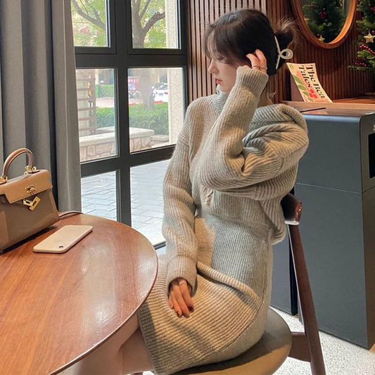 Hooded Long-sleeved Knitted Dress Women Autumn and Winter Fashion Slim Bottoming Bag Hip Sweater Dress