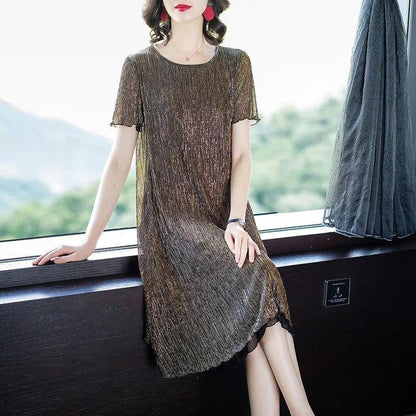 Summer Women Long Large Size Dresses Short Sleeves Solid Color Over-the-knee Long Skirts Casual Women's Pleated Skirts