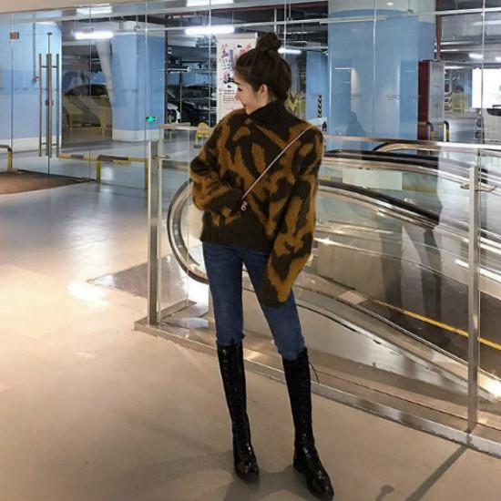 2 Colors Sexy Lady Turtleneck Leopard Sweater Knitwear Loose Pullover Jumper Short Top