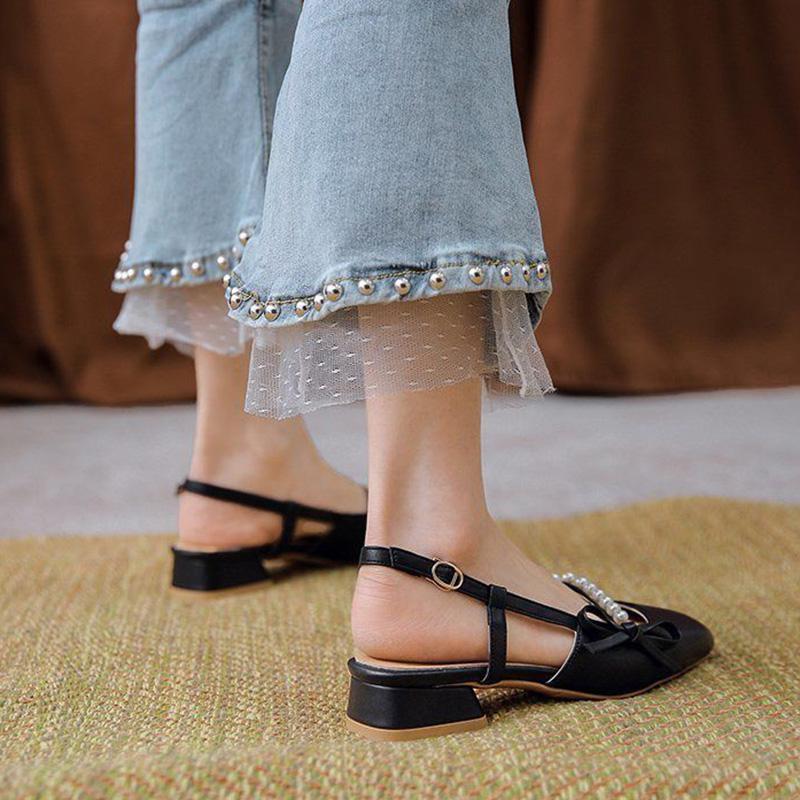 Fairy Style French Single Shoes Women Summer Mid-heel Thick-heeled Small Leather Shoes with Skirt One-word Buckle Sandals