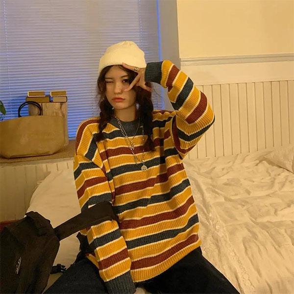 Autumn and Winter Retro Striped College Wind Round Neck Sweater Female Student Loose Mid-length Sweater Coat