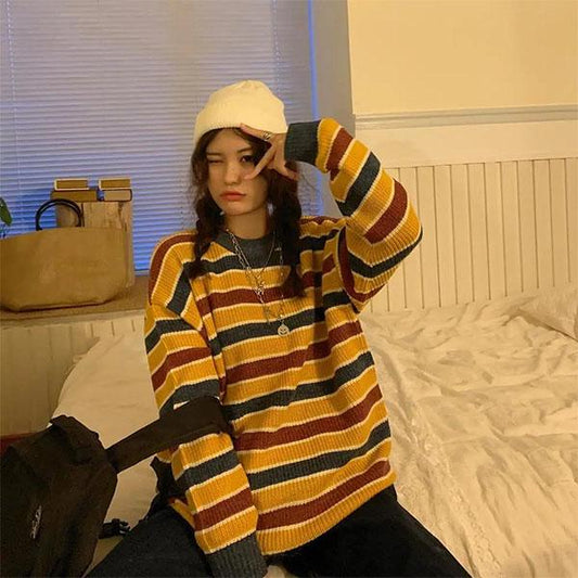 Autumn and Winter Retro Striped College Wind Round Neck Sweater Female Student Loose Mid-length Sweater Coat