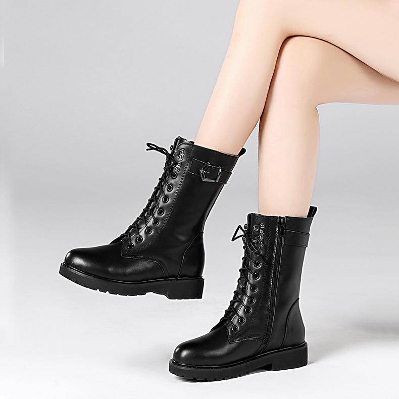 Genuine Leather Wool Fur Boots 35-43 Women Winter Shoes Black Ankle Booties Warm Platform Chunky Boots Fashion Flats