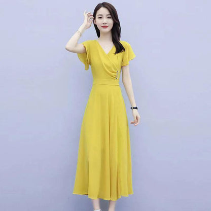Fashion Dress Summer Plus Size Women's High-end Waist Was Thin and Temperament V-neck Long DRESS