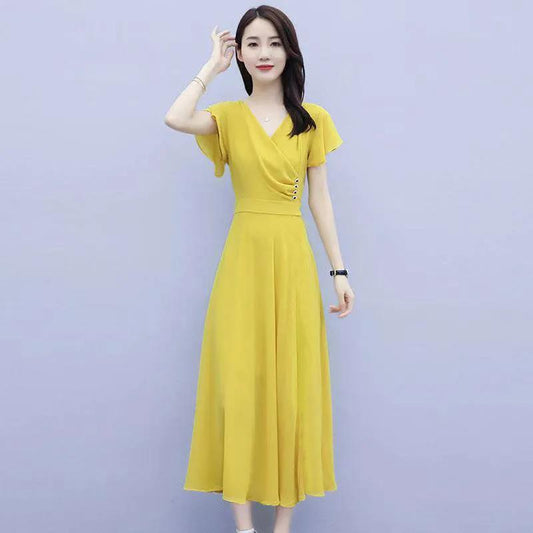 Fashion Dress Summer Plus Size Women's High-end Waist Was Thin and Temperament V-neck Long DRESS