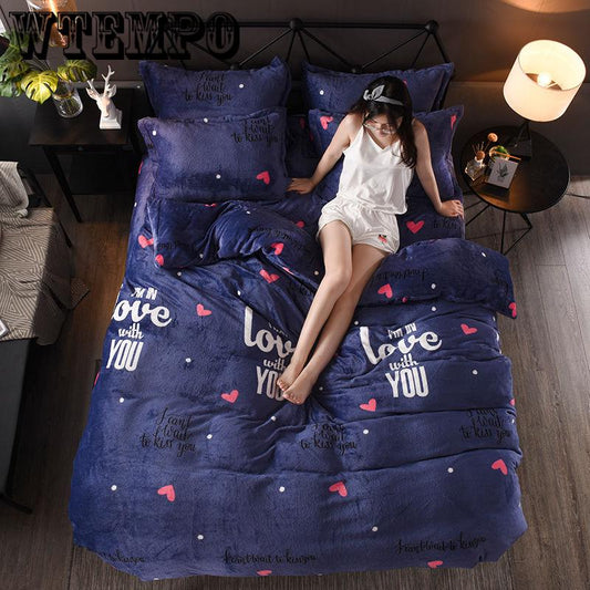 Flannel Suite Bed Four-piece Winter Warm Thicken Cotton Soft Bedroom Home Textile Set