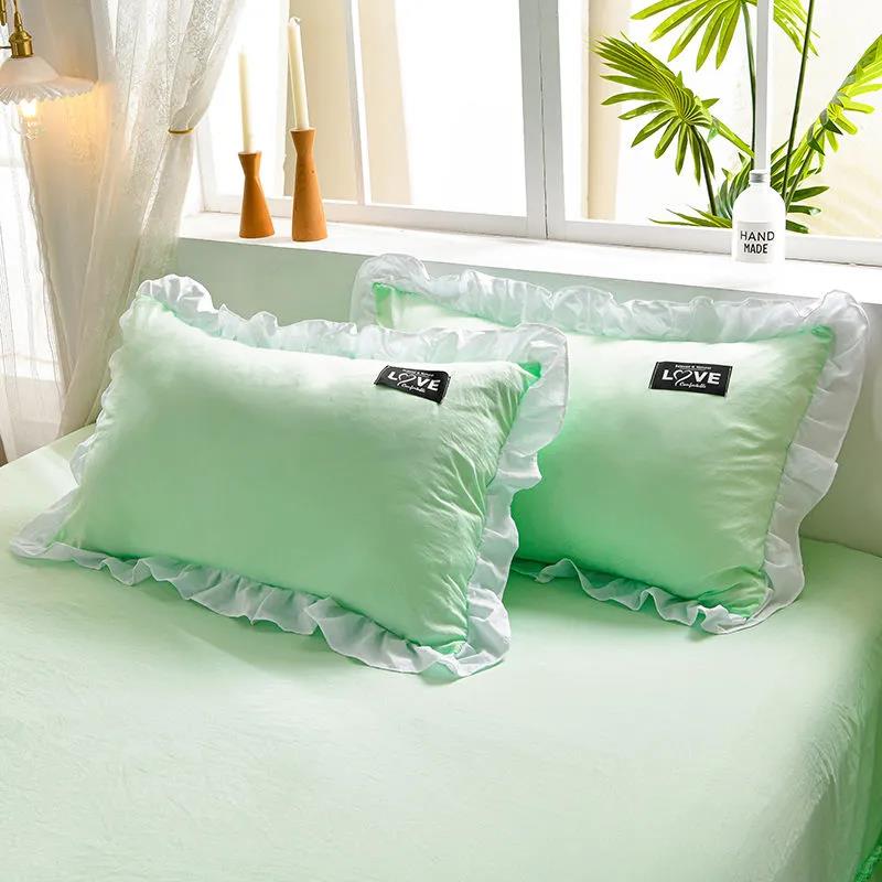 Korean Version of Solid Color Washed Cotton Pillowcase Stitching Lotus Leaf Lace Pillowcase 48*74cm A Pair of Large Pillowcases