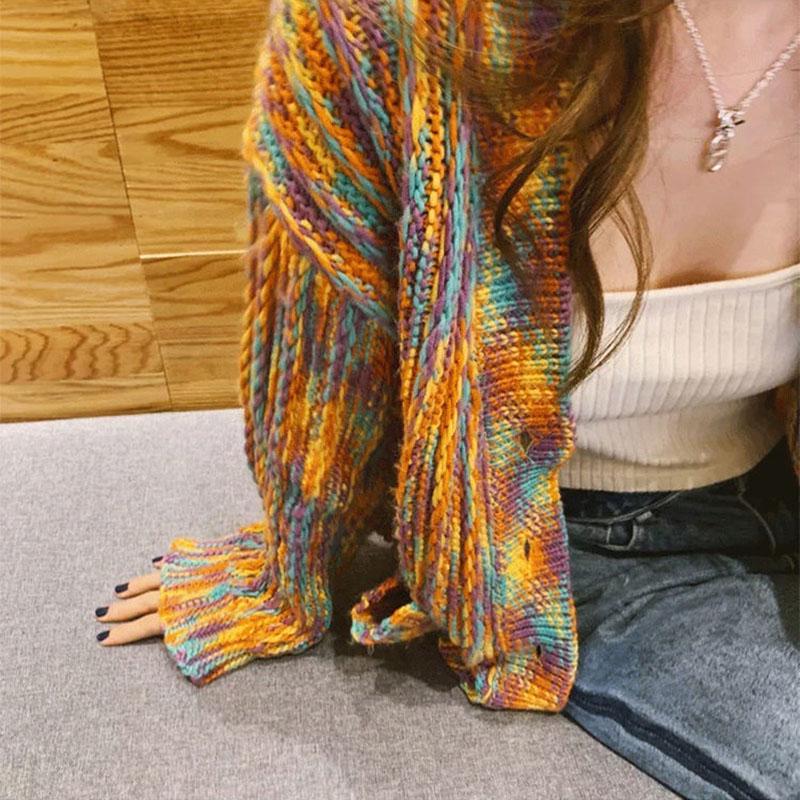 Spring and Autumn Rainbow Color Sweater Cardigan European and American Style Top Loose Casual Knitted Young Women's Jacket